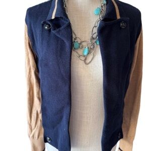 CAbi Style 3703 Turn Back Color block Navy & Tan Varsity Jacket Cardigan Medium